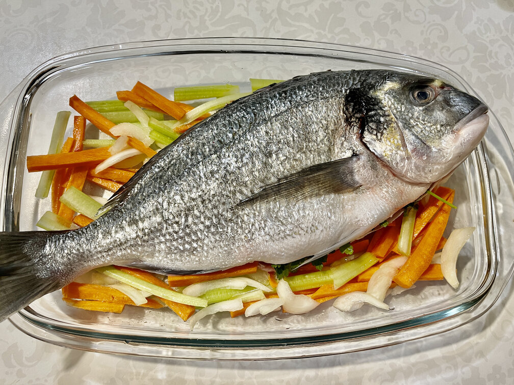 Oven Baked Whole Sea Bream with Vegetables