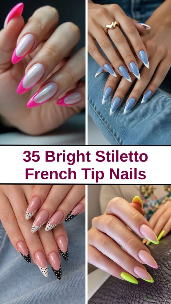 35 Bright Stiletto French Tip Nails